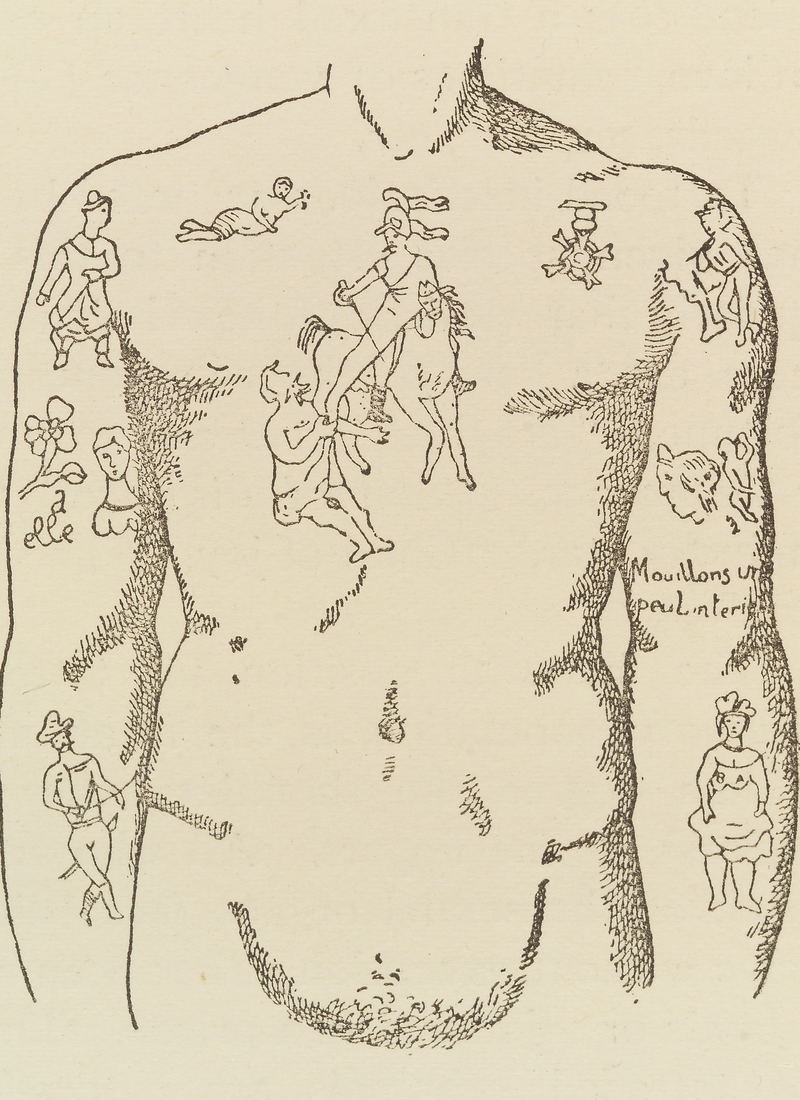 A drawn torso covered in figurative tattoo work, shown front and back.