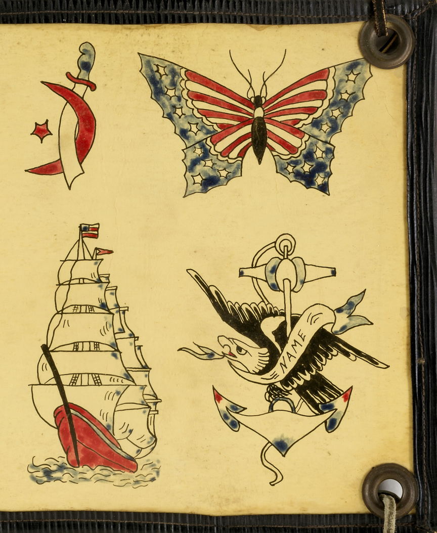 A hand-painted flash sheet laced onto a dark leather board: an anchor, a dagger, a butterfly, a clipper ship and an eagle.