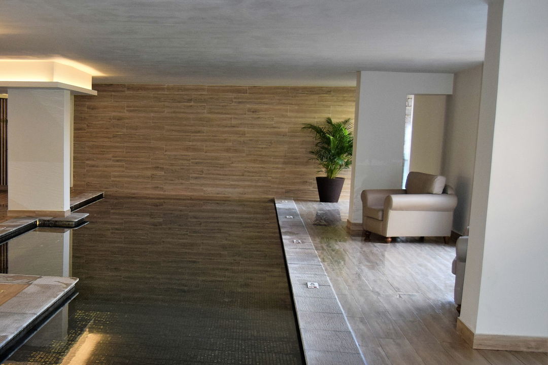 An indoor pool running along a wood-effect wall, with a potted palm and a cream armchair at its edge.