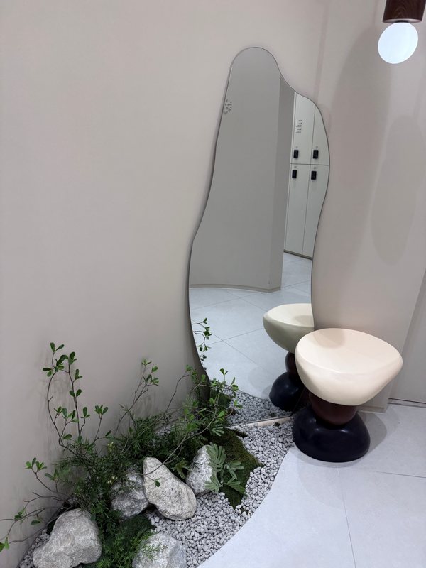 A clinic washroom with a full-length mirror and planting