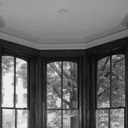 Office detail: the head of a tall window, its arch and mouldings filling the frame.