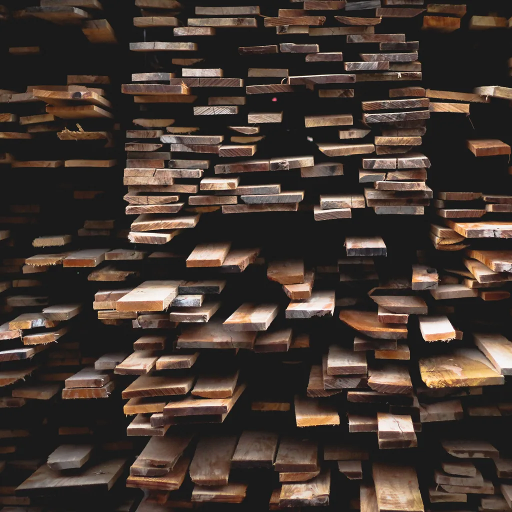 Rough-sawn lumber ends stacked in a materials yard.