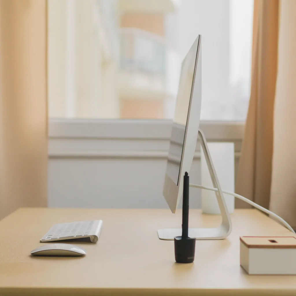 Tidy desk with a monitor, keyboard and notebook beside a bright window
