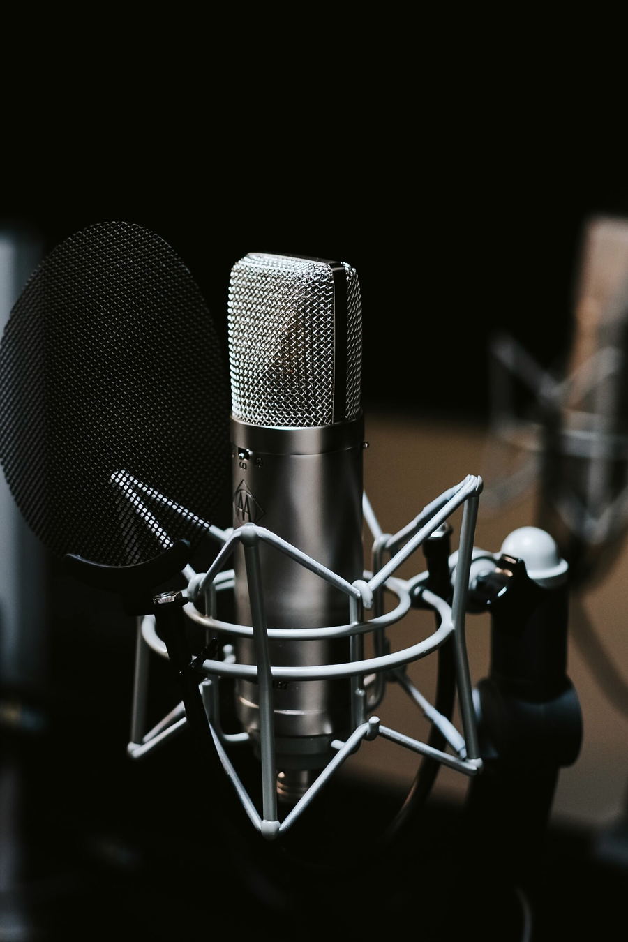 A silver condenser microphone in a wire spider mount, with a pop filter in front of it, against a black background.