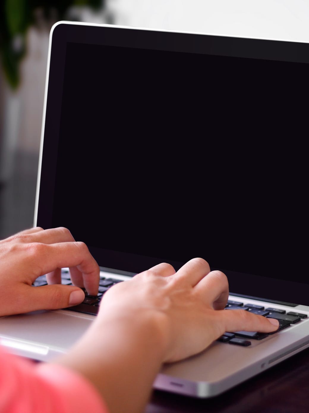 A pair of hands typing on a laptop at a desk, with a plant standing behind the screen.