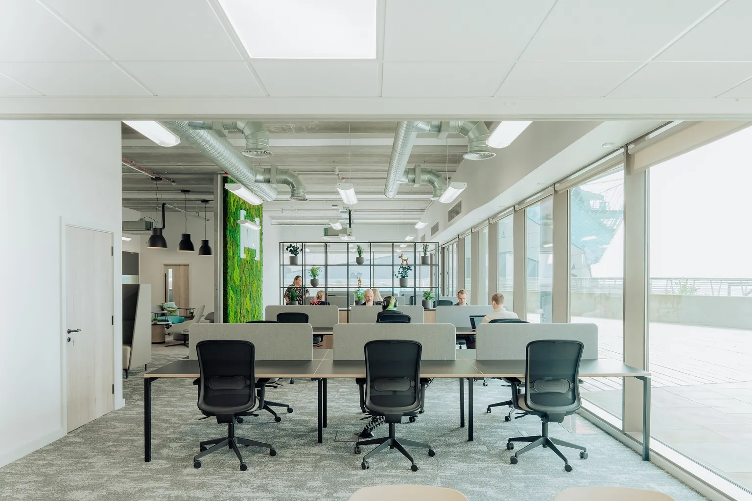 Shared desk row beside a full-height window wall