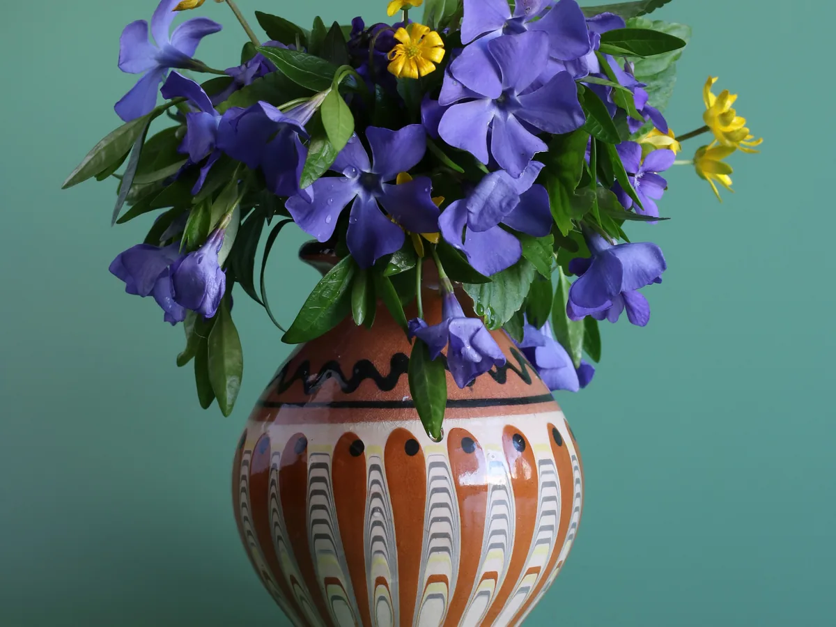 Low seasonal jug arrangement of periwinkle and buttercup