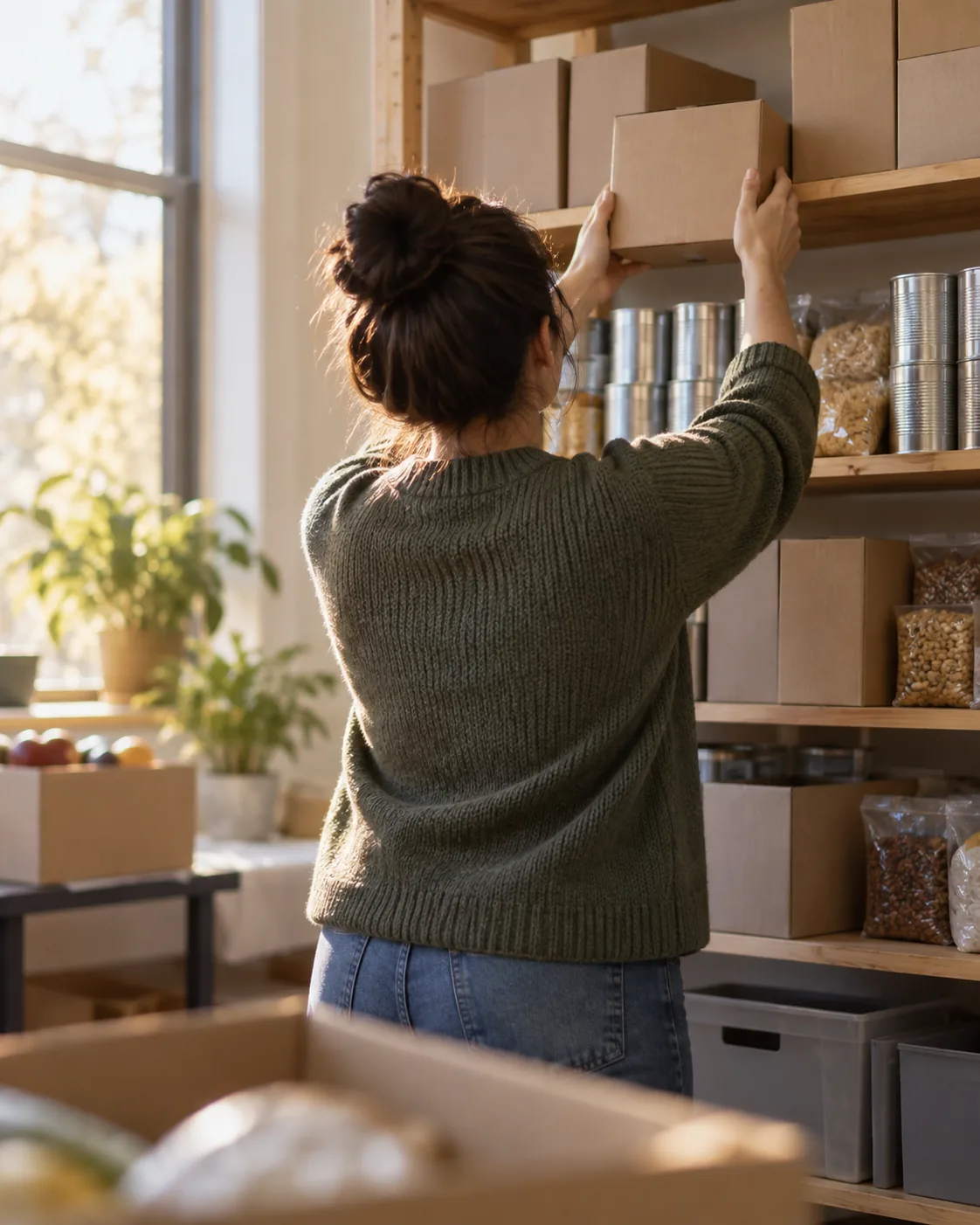 An unidentifiable volunteer seen from behind arranging plain supply boxes on a community resource shelf