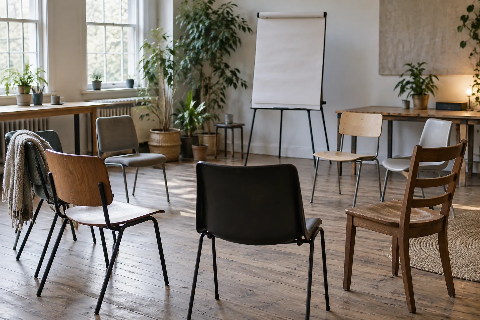 An empty community workshop room prepared with chairs and a blank paper pad